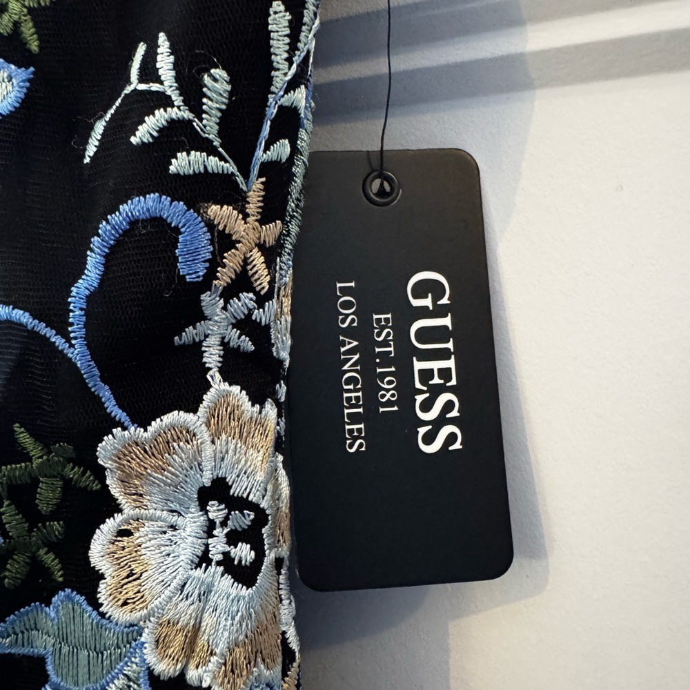 NWT Guess Black Mini Dress with Blue and White Embroidered Floral Design Size 0 - Picture 5 of 6